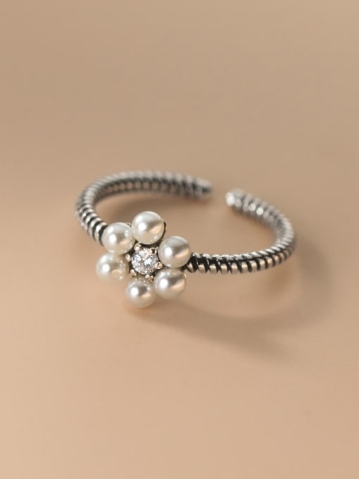 Rosh 925 Sterling Silver Imitation Pearl Flower Cute Band Ring 3