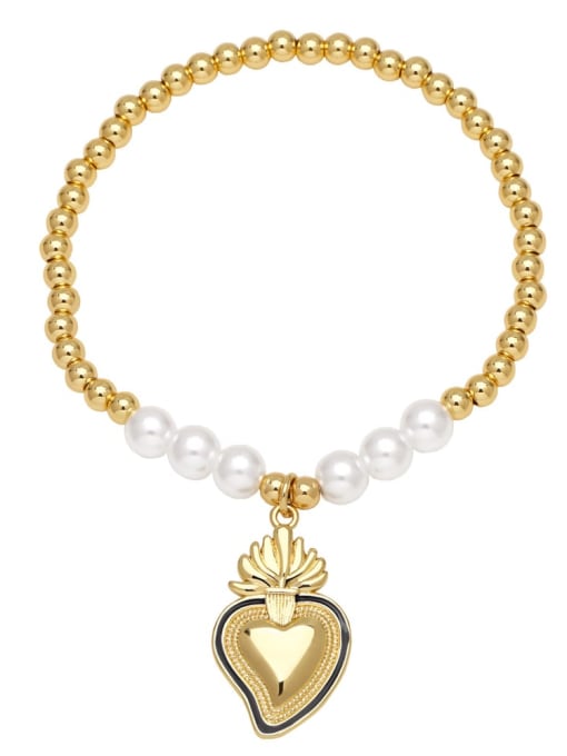 black Brass Enamel Heart Vintage Handmade Beaded Bracelet
