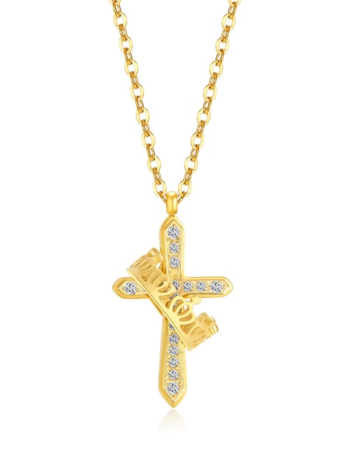 2244 Steel Necklace Gold Titanium Steel Cubic Zirconia Cross Minimalist Regligious Necklace