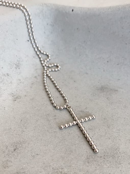 Boomer Cat 925 Sterling Silver Bead Chain Cross Vintage Long Strand Necklace 1