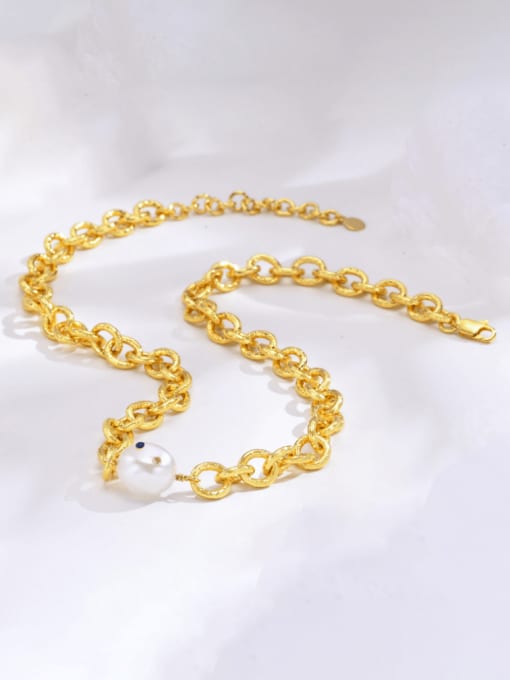 golden Stainless steel Imitation Pearl Hollow Geometric  Chain Minimalist Necklace