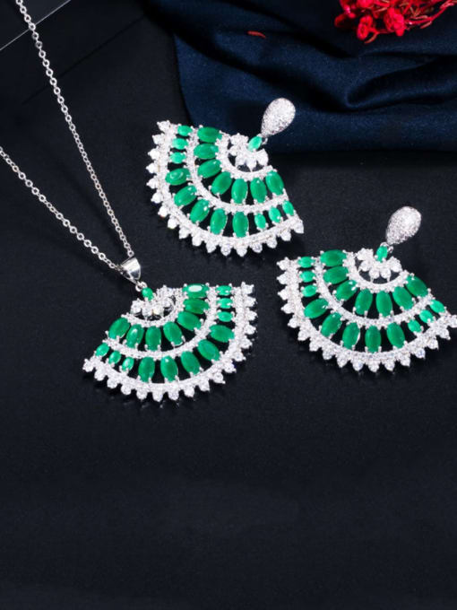 Green two piece set Copper Cubic Zirconia Luxury Irregular  Earring and Necklace Set