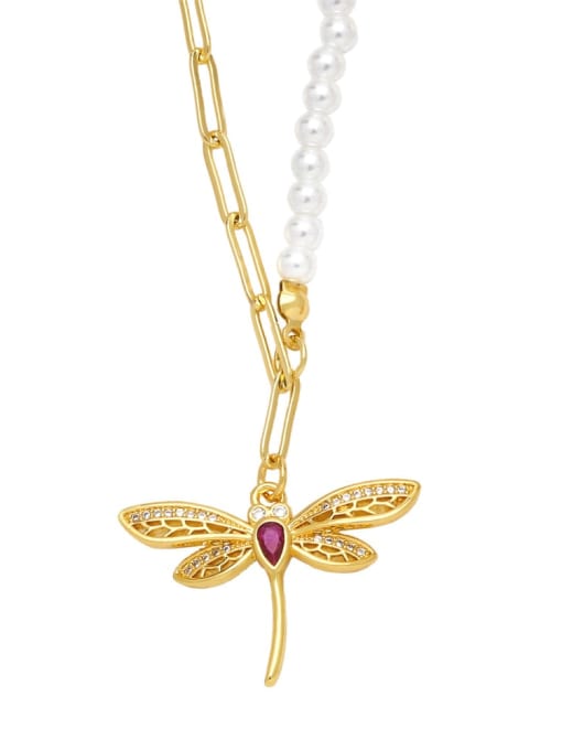 Rose red Brass Imitation Pearl Dragonfly Hip Hop Necklace