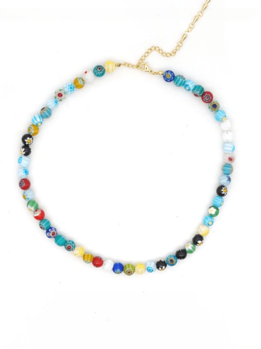 B N200004A Stainless steel Glass Stone Multi Color Round Bohemia Necklace