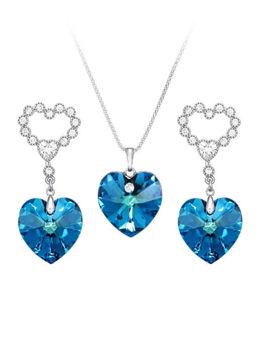 JJ S12 Alloy Crystal Blue Dainty Heart Earring and Necklace Set