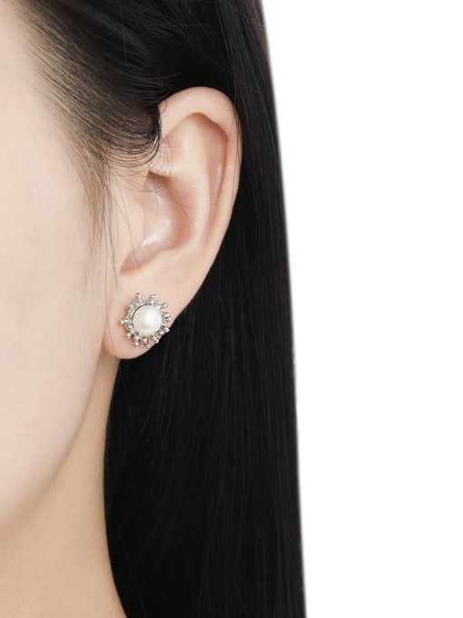 DAKA 925 Sterling Silver Imitation Pearl Flower Vintage Stud Earring 1