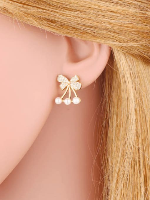 CC Brass Imitation Pearl Bowknot  Moon Cute Stud Earring 1