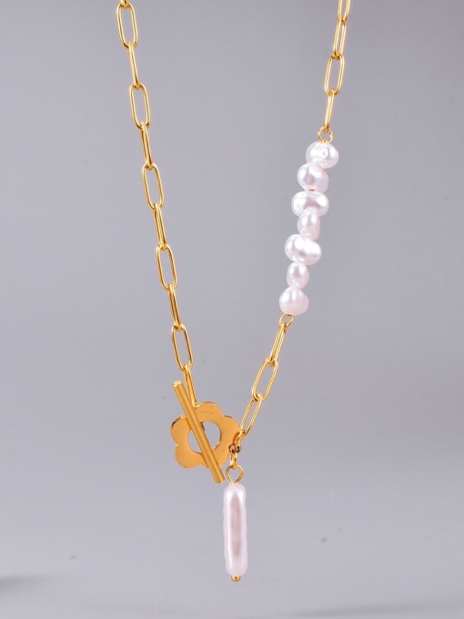 A TEEM Titanium Steel synthetic Pearl Flower Ethnic Lariat Necklace