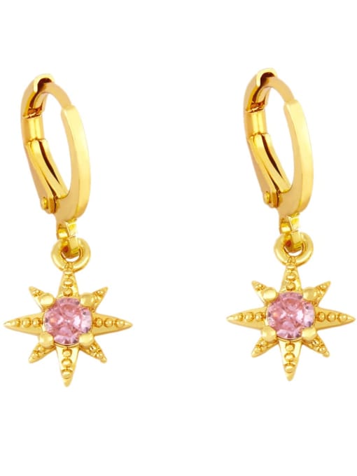 Pink Brass Glass Stone Star Minimalist Huggie Earring