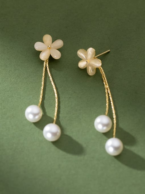 Gold 925 Sterling Silver Imitation Pearl Flower Minimalist Drop Earring