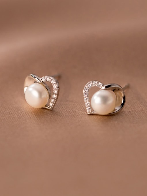 silver 925 Sterling Silver Imitation Pearl Heart Minimalist Stud Earring