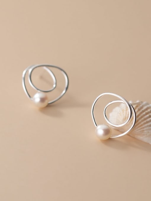 silver 925 Sterling Silver Imitation Pearl Geometric Minimalist Stud Earring