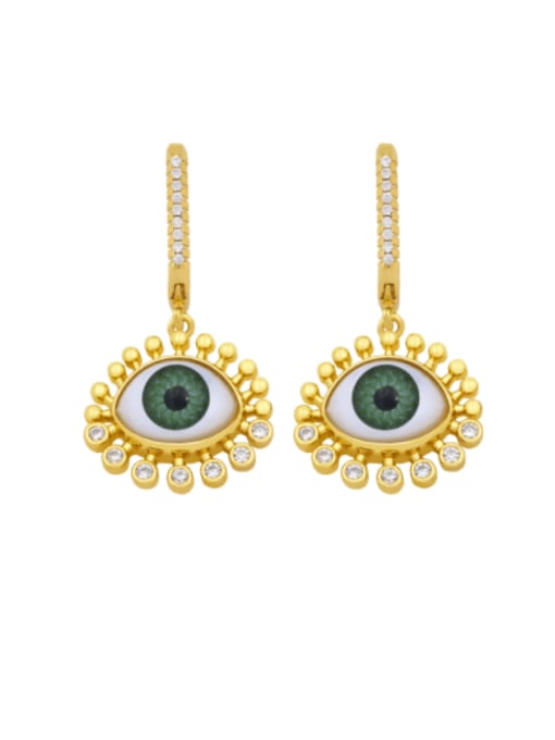 green Brass Rhinestone Enamel Evil Eye Vintage Drop Earring