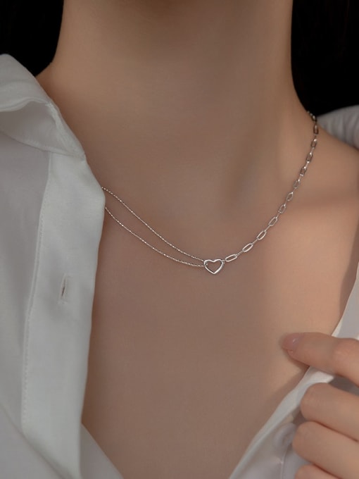 Rosh 925 Sterling Silver Heart Minimalist Multi Strand  Asymmetrical Double Chain Necklace 1
