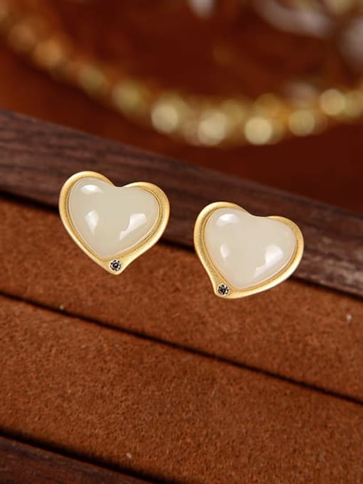 DEER 925 Sterling Silver Jade Heart Vintage Stud Earring 1