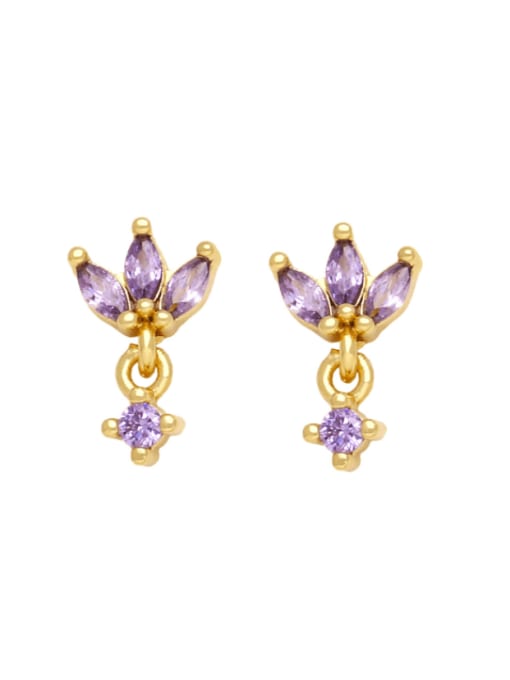 purple Brass Cubic Zirconia Flower Minimalist Stud Earring