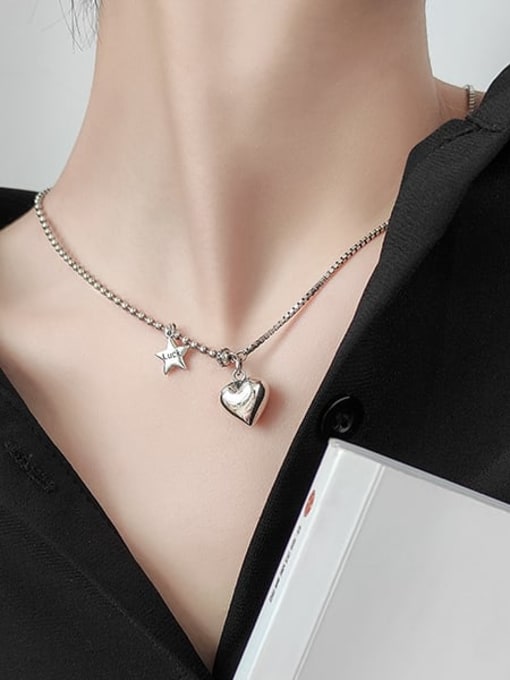 Rosh 925 Sterling Silver Love Pendant Asymmetric Light Pearl Chain Necklace 2