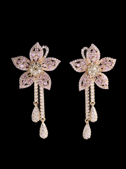 Gold +pink Brass Cubic Zirconia Flower Luxury Drop Earring