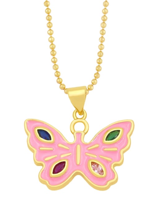 Pink Brass Rhinestone Enamel Butterfly Minimalist Necklace