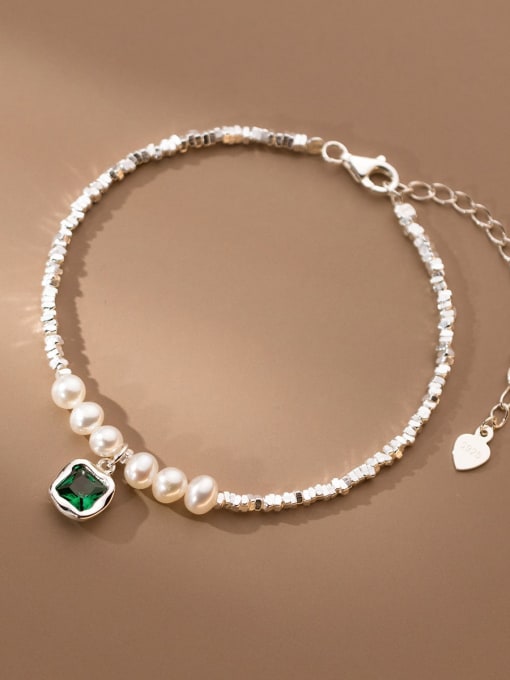 Rosh 925 Sterling Silver Imitation Pearl Geometric Minimalist Handmade Beaded Bracelet