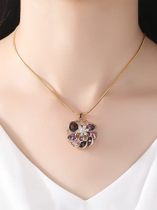 BLING SU Copper Cubic Zirconia  Vintage Multi Color Flower Pendant Necklace 1