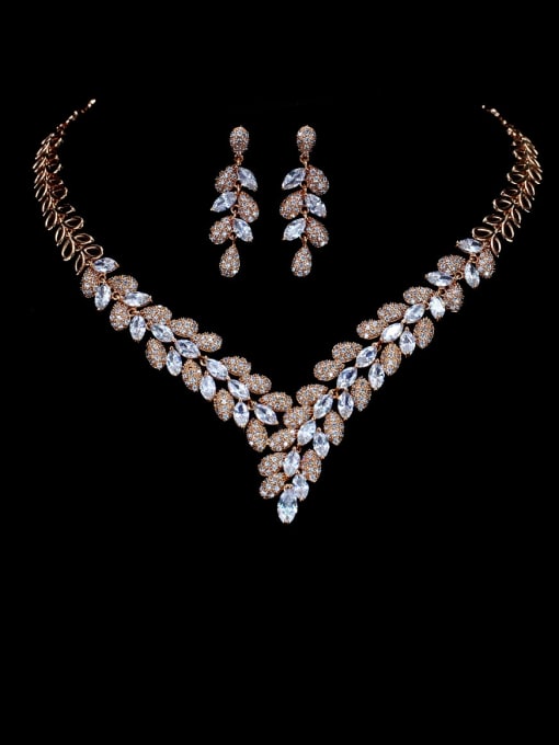 white Brass Cubic Zirconia Luxury Leaf  Earring and Necklace Set