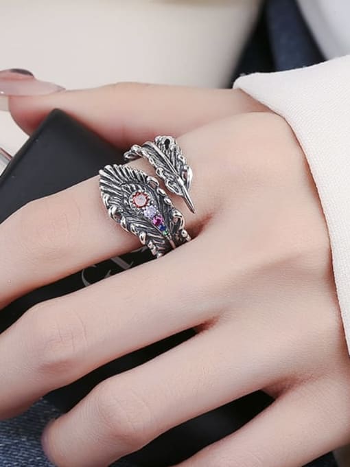 KDP-Silver 925 Sterling Silver Rhinestone Feather Vintage Band Ring 1