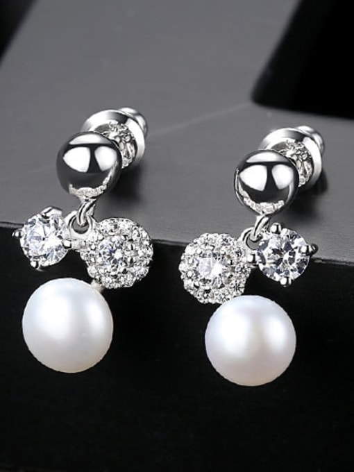 White gold 4d04 925 Sterling Silver Freshwater Pearl Round Ball Trend Drop Earring
