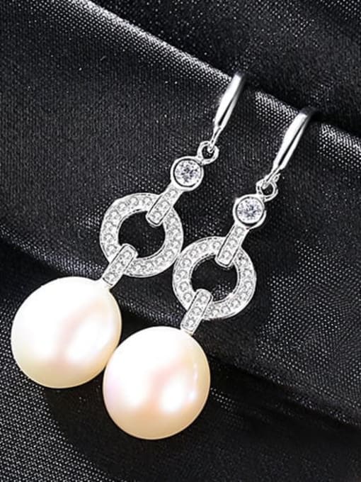 White 1A01 925 Sterling Silver Freshwater Pearl Hollow Geometric Classic Hook Earring