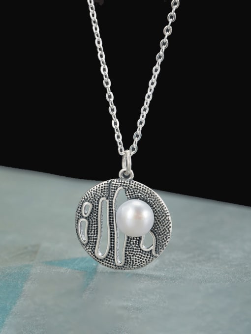 SILVER MI 925 Sterling Silver Imitation Pearl Geometric Vintage Necklace