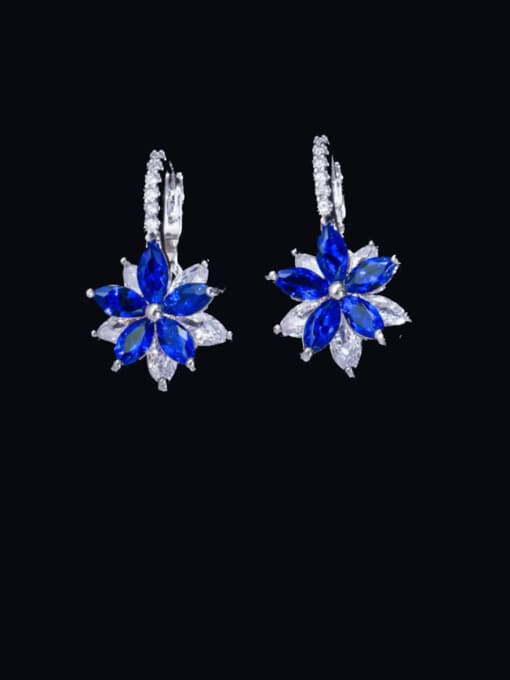 blue Brass Cubic Zirconia Flower Luxury Huggie Earring