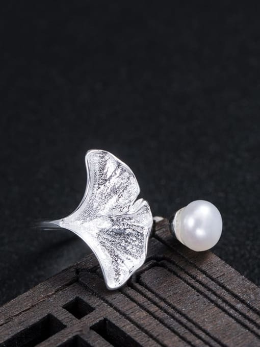 SILVER MI 925 Sterling Silver Carnelian Ginkgo Leaf Pearl Ring 3