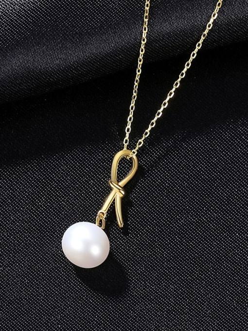 K 5F10 925 Sterling Silver Freshwater Pearl Bowknot Minimalist Necklace