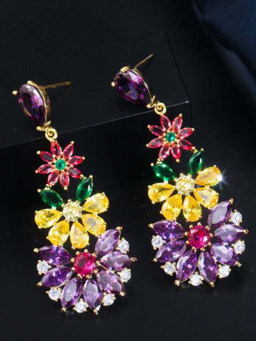 Gold colored stone Brass Cubic Zirconia Flower Luxury Cluster Earring