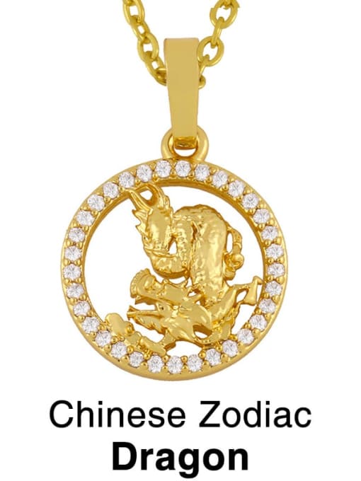 Dragon Brass Cubic Zirconia Ethnic 12 Zodiac Pendant  Necklace