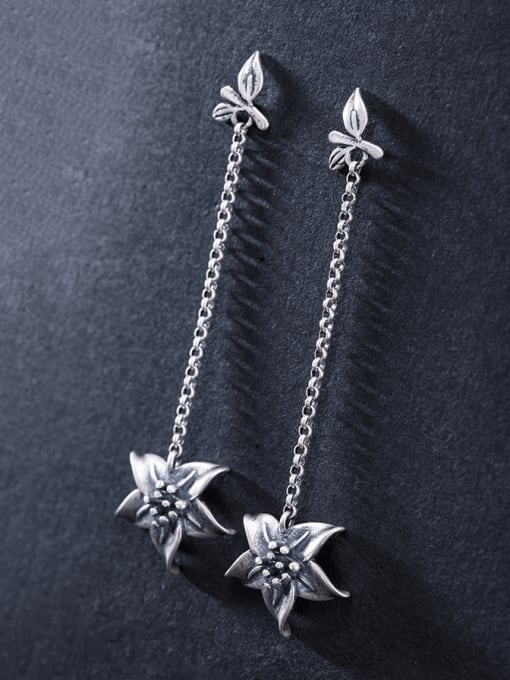 SILVER MI 925 Sterling Silver Flower Vintage Threader Earring 0