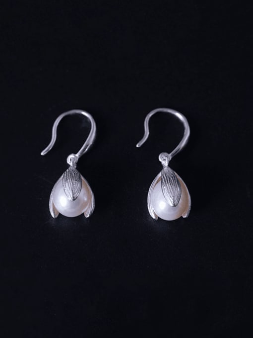 SILVER MI 925 Sterling Silver Imitation Pearl Flower Vintage Hook Earring 1