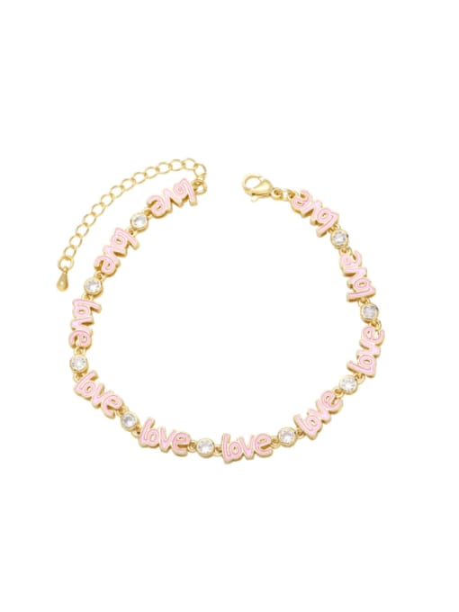 Pink Brass Cubic Zirconia Enamel Letter Vintage Bracelet
