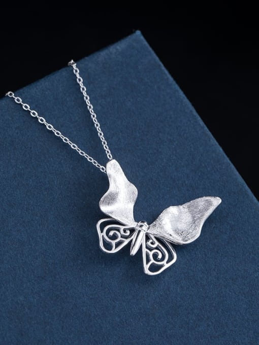 SILVER MI 925 Sterling Silver Simple Setro  Butterfly Pendant Necklace 1