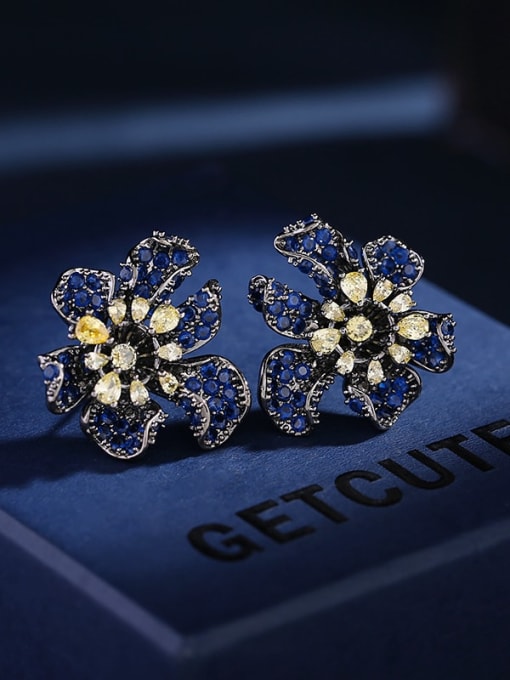 royal blue Brass Cubic Zirconia Flower Vintage Earring