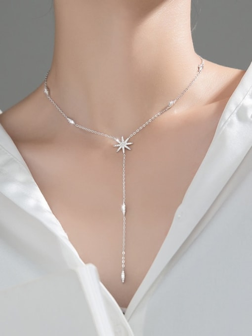 Rosh 925 Sterling Silver Snowflake Diamond Star Y-shaped Long Tassel Necklace 3