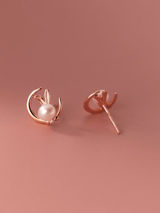 rose gold 925 Sterling Silver Imitation Pearl Rabbit Cute Stud Earring