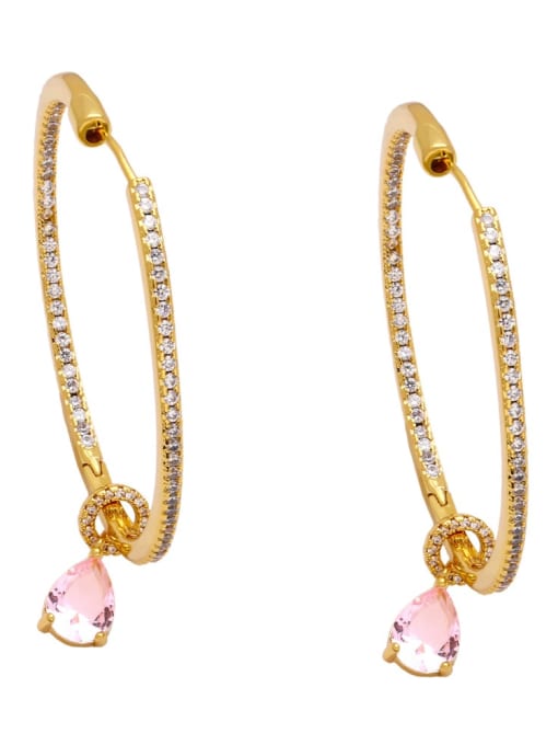 Pink Brass Cubic Zirconia Water Drop Minimalist Hoop Earring