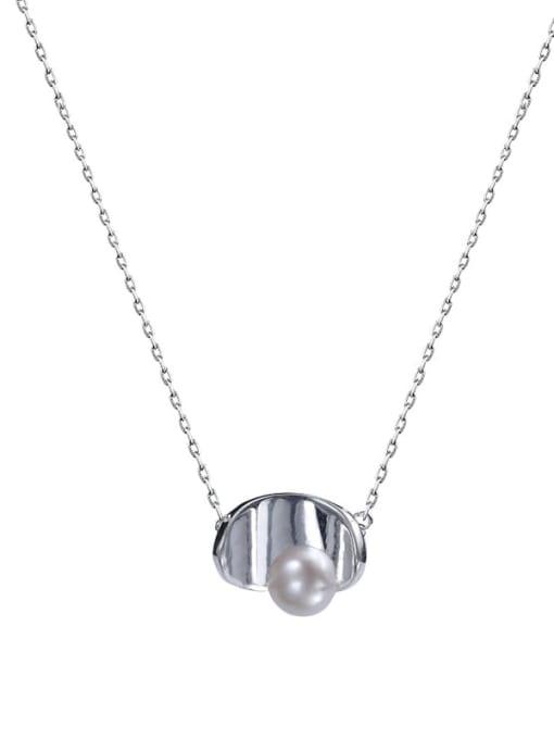SILVER MI 925 Sterling Silver Imitation Pearl Geometric Minimalist Necklace 2