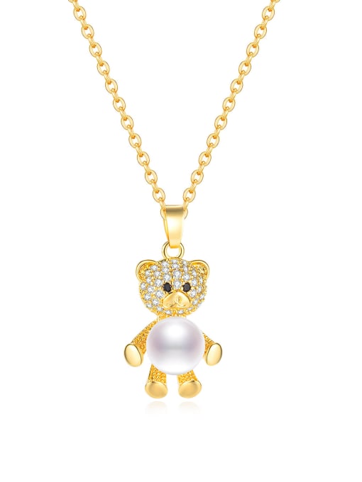 073 gold Titanium Steel Imitation Pearl  Cute Bear Pendant Necklace