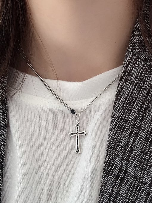 Boomer Cat 925 Sterling Silver Cross Vintage Long Strand Necklace 1