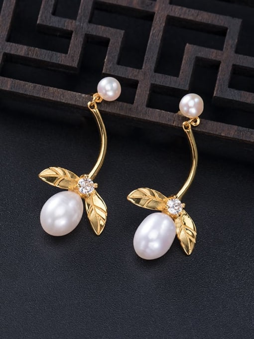 SILVER MI 925 Sterling Silver Imitation Pearl Flower Vintage Drop Earring 1