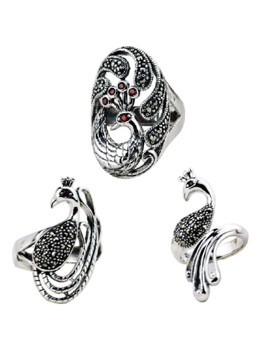 SHUI Vintage Sterling Silver With Antique Silver Plated Vintage Phoenix Peacock Free Size Rings 0