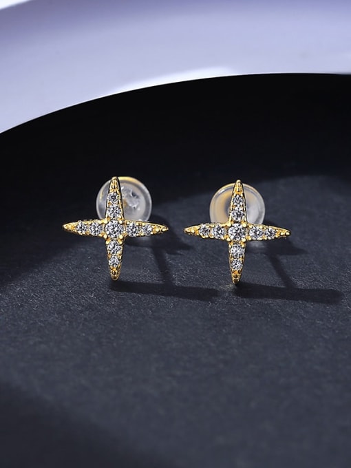 14K Gold 925 Sterling Silver Cubic Zirconia Cross Minimalist Stud Earring
