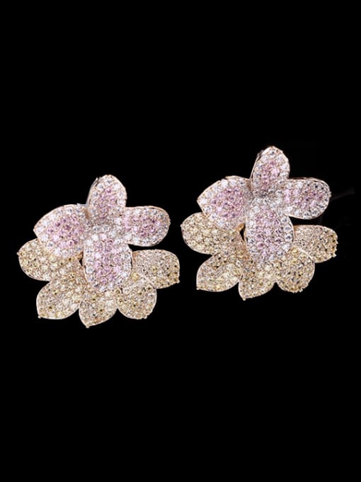 pink Brass Cubic Zirconia Flower Luxury Cluster Earring